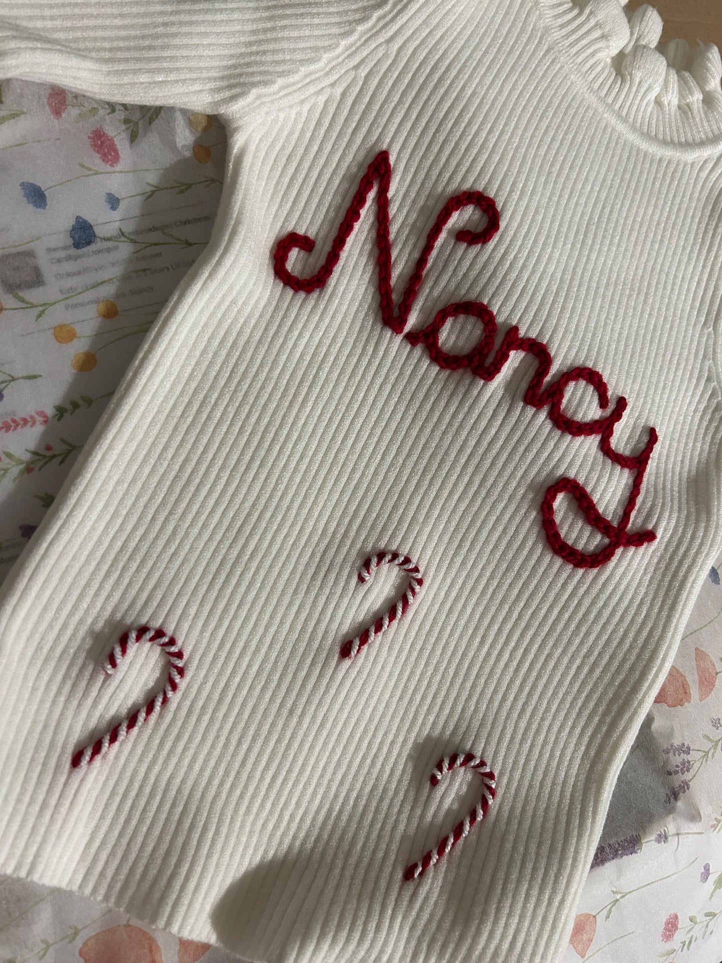 Personalised Hand-Embroidered Christmas Candy Cane Cardigan/Jumper