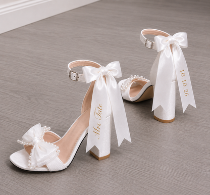 Pearl Bow Personalised Ribbon Heels| 3.5in Heel | Open Toe