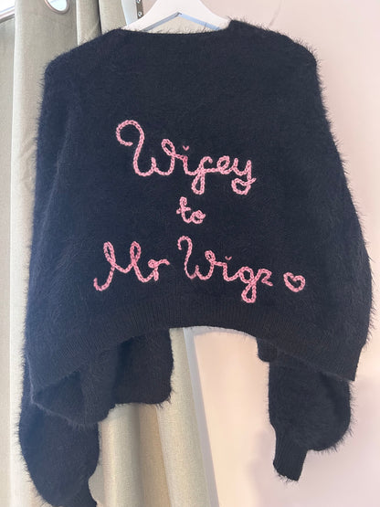 Black Hand-Embroidered Just Married Bridal Cardigan