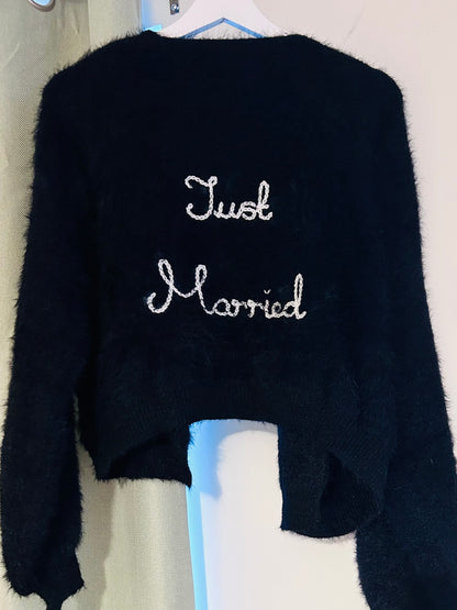 Black Hand-Embroidered Just Married Bridal Cardigan
