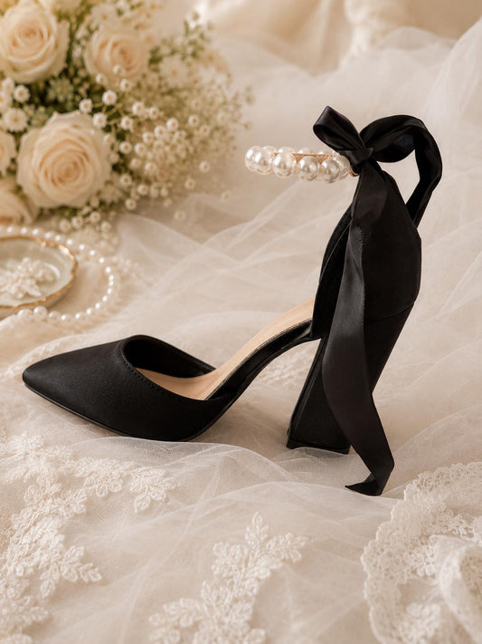 Personalised Bridal Ribbon Heels | 3.5in Heel | Black Wedding Shoes