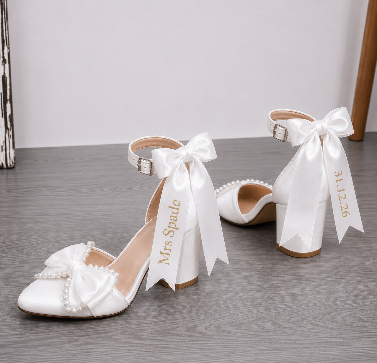 Pearl Bow Personalised Ribbon Heels | 2.2in Heel | Closed Toe