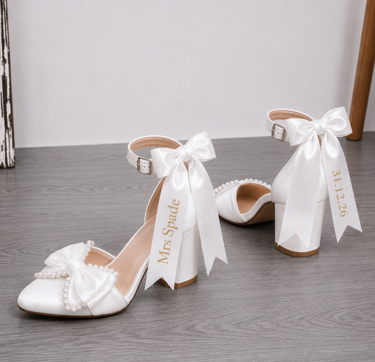 Pearl Bow Personalised Ribbon Heels | 2.2in Heel | Closed Toe