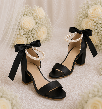 Personalised Bridal Ribbon Heels | 3.5in Heel | Black Wedding Shoes