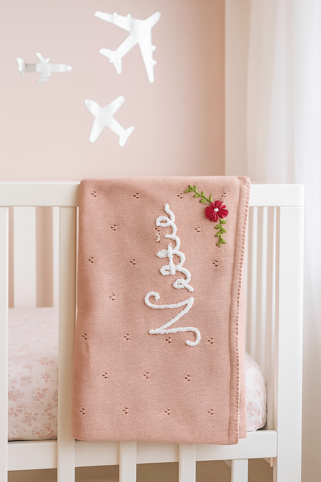 Hand-Embroidered Personalised Baby Name and Birth Month Flower Blanket
