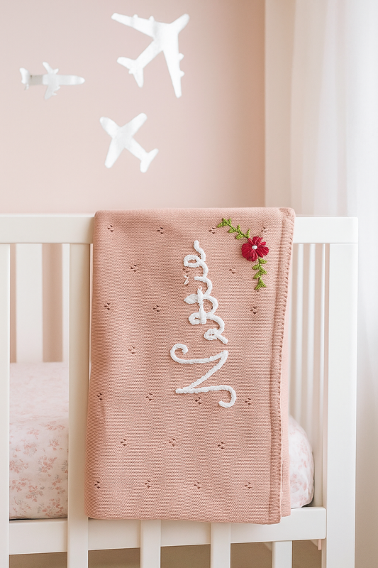 Hand-Embroidered Personalised Baby Name and Birth Month Flower Blanket