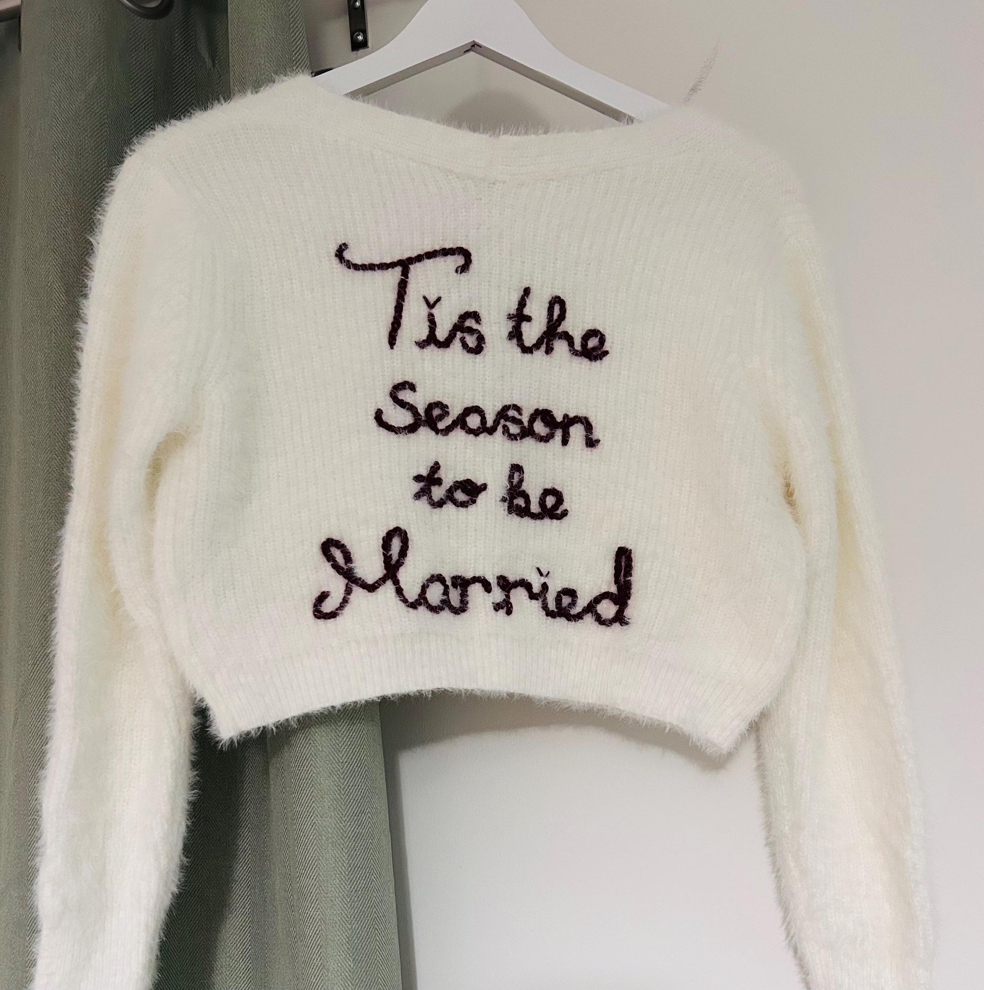 Festive ‘Tis the season to be Married’ Hand-Embroidered Christmas Cardigan | Bride Cardigan