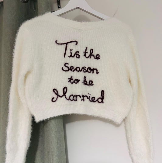 Festive ‘Tis the season to be Married’ Hand-Embroidered Christmas Cardigan | Bride Cardigan