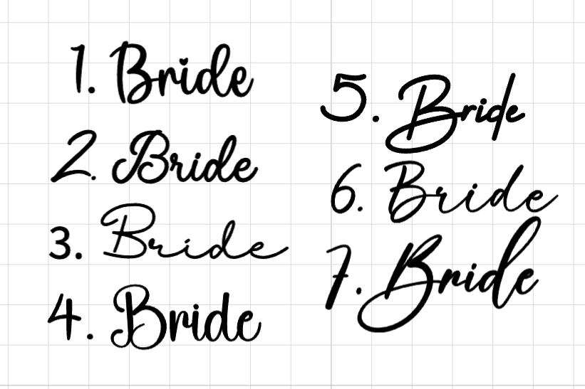 A digital preview of a repeating pattern featuring the word 'Bride' in black cursive handwriting font, repeated in a numbered list format from 1 to 7 on a white background with a faint gray grid.