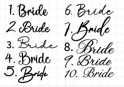 A digital graphic showing the word 'Bride' written in various cursive and script styles, numbered 1 through 10 on a light gray grid background.