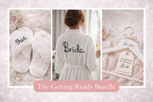 Collage of 'Bride' themed items including slippers, robe, and tag on a soft pink background.