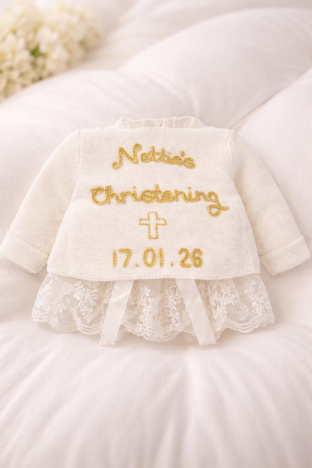 Hand-Embroidered Personalised Christening Cardigan
