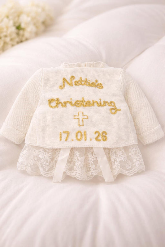 Hand-Embroidered Personalised Christening Cardigan