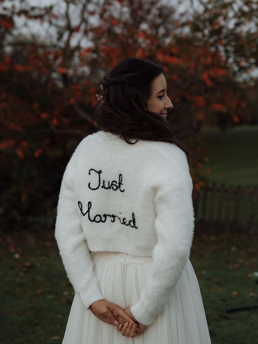 Hand Embroidered Fluffy "Just Married" Cardigan