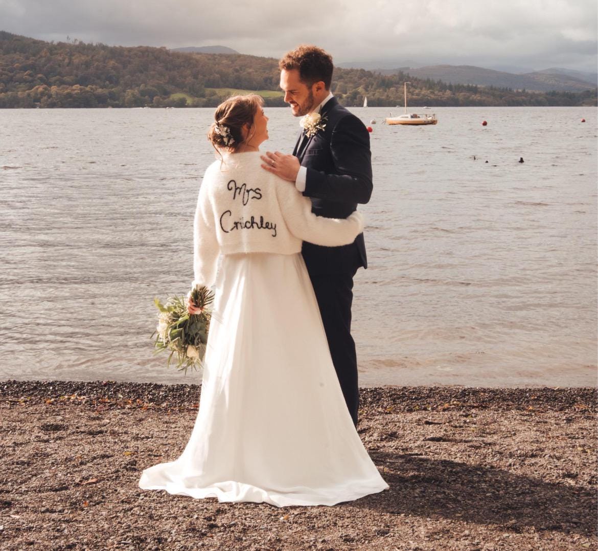 Hand Embroidered Fluffy "Just Married" Cardigan