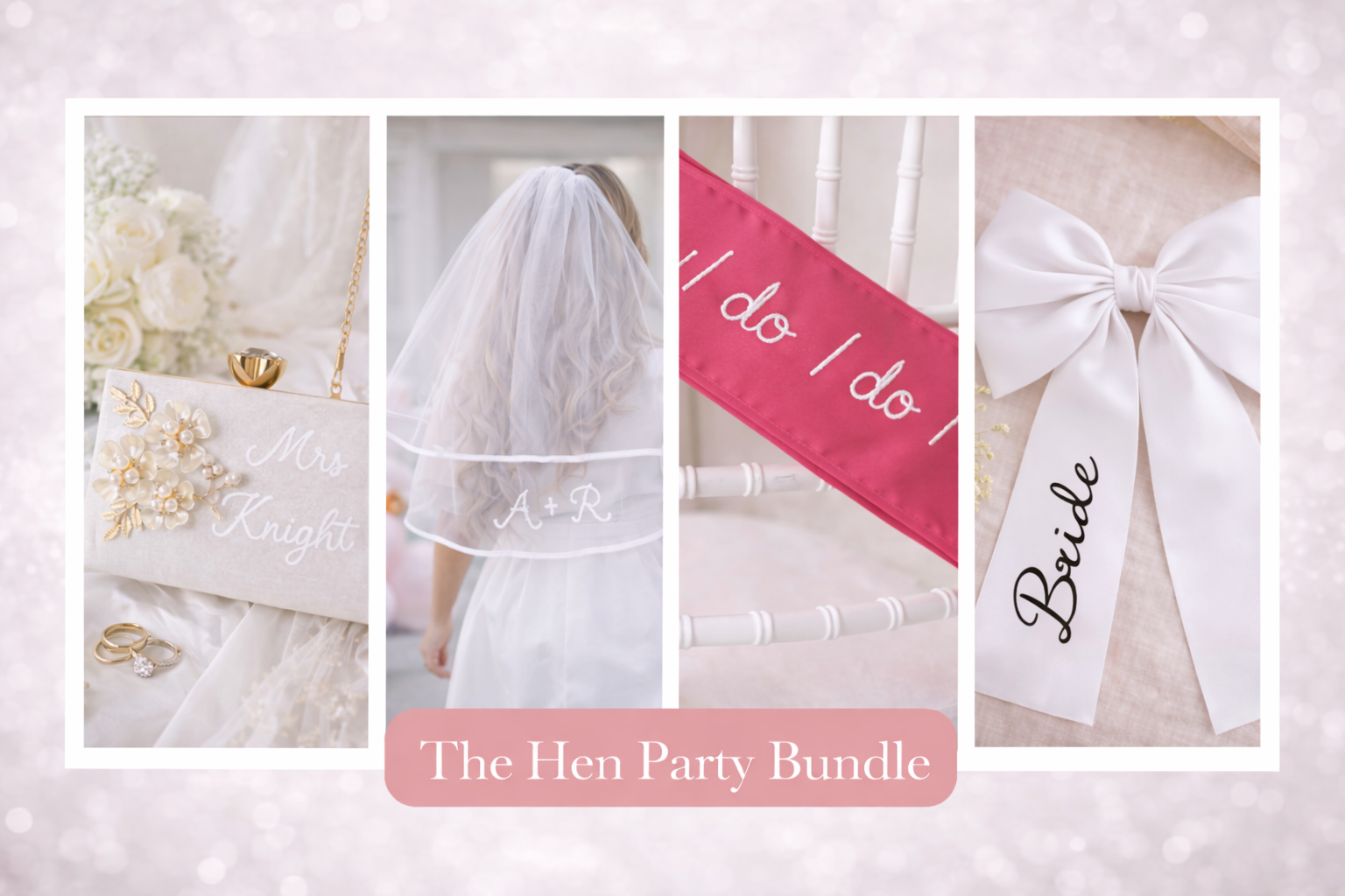 Collage of wedding accessories with 'The Hen Party Bundle' text on a pink background.