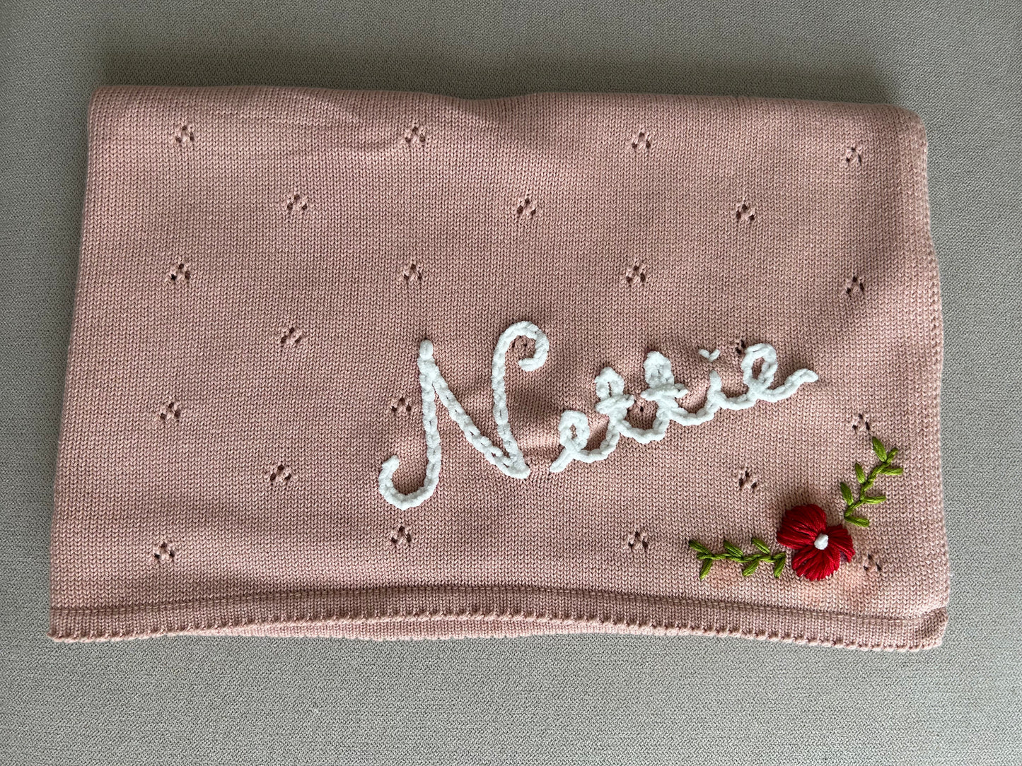Hand-Embroidered Personalised Baby Name and Birth Month Flower Blanket