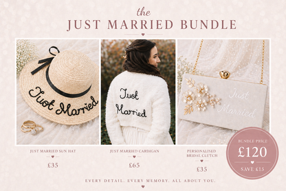 Promotional image of 'Just Married' bundle with hat, cardigan, and clutch.