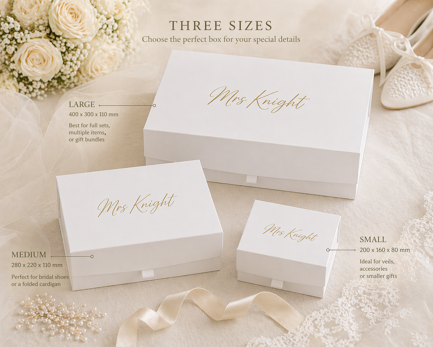 Three sizes of 'Mrs Knight' boxes on a decorative background with flowers and ribbons.