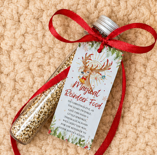 A glass bottle filled with gold glitter and topped with a silver cap, wrapped in a red ribbon and attached to a decorative holiday tag that reads 'Magical Reindeer Food.' The bottle is placed on a beige textured blanket background.