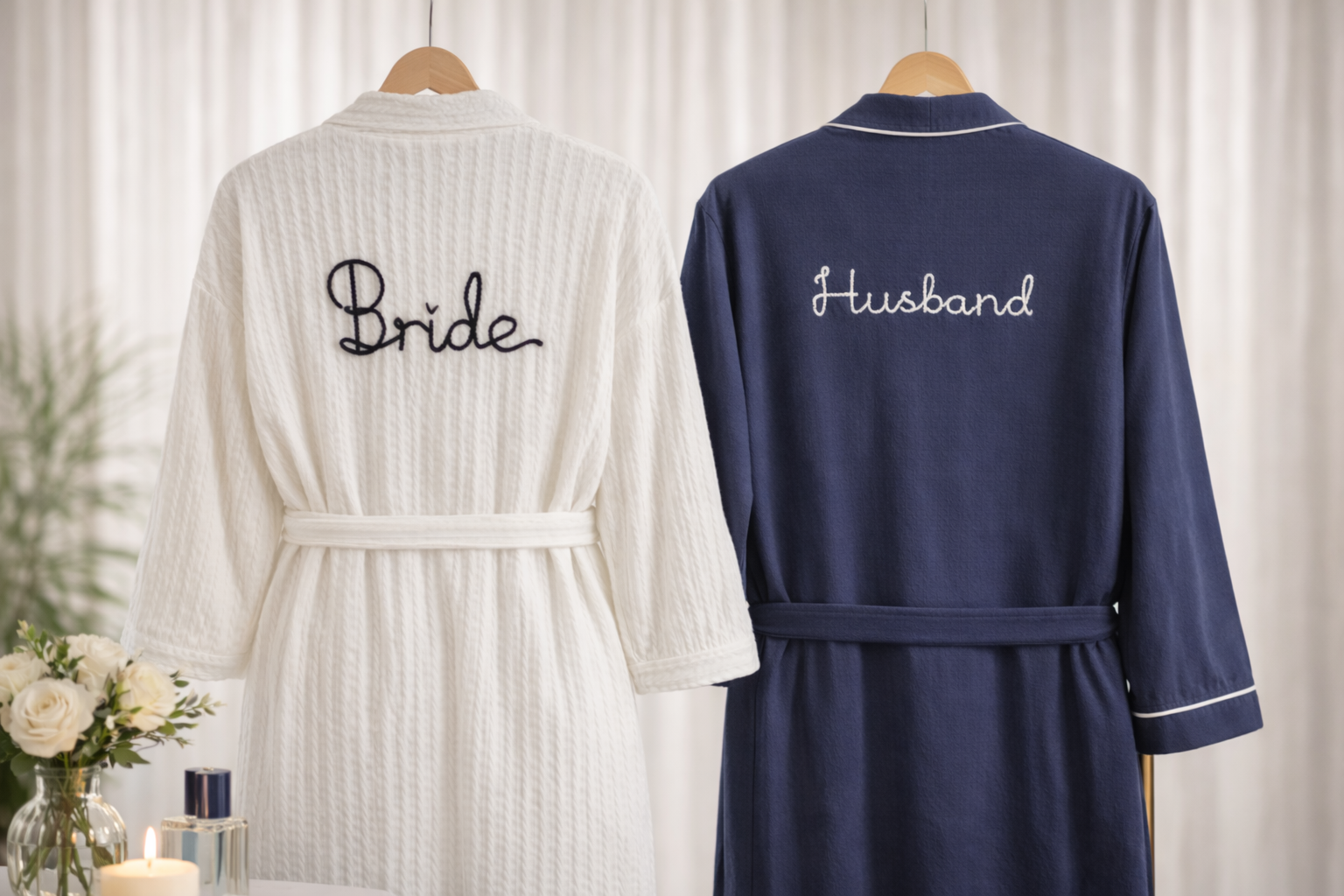White and navy robes labeled 'Bride' and 'Husband' on hangers.