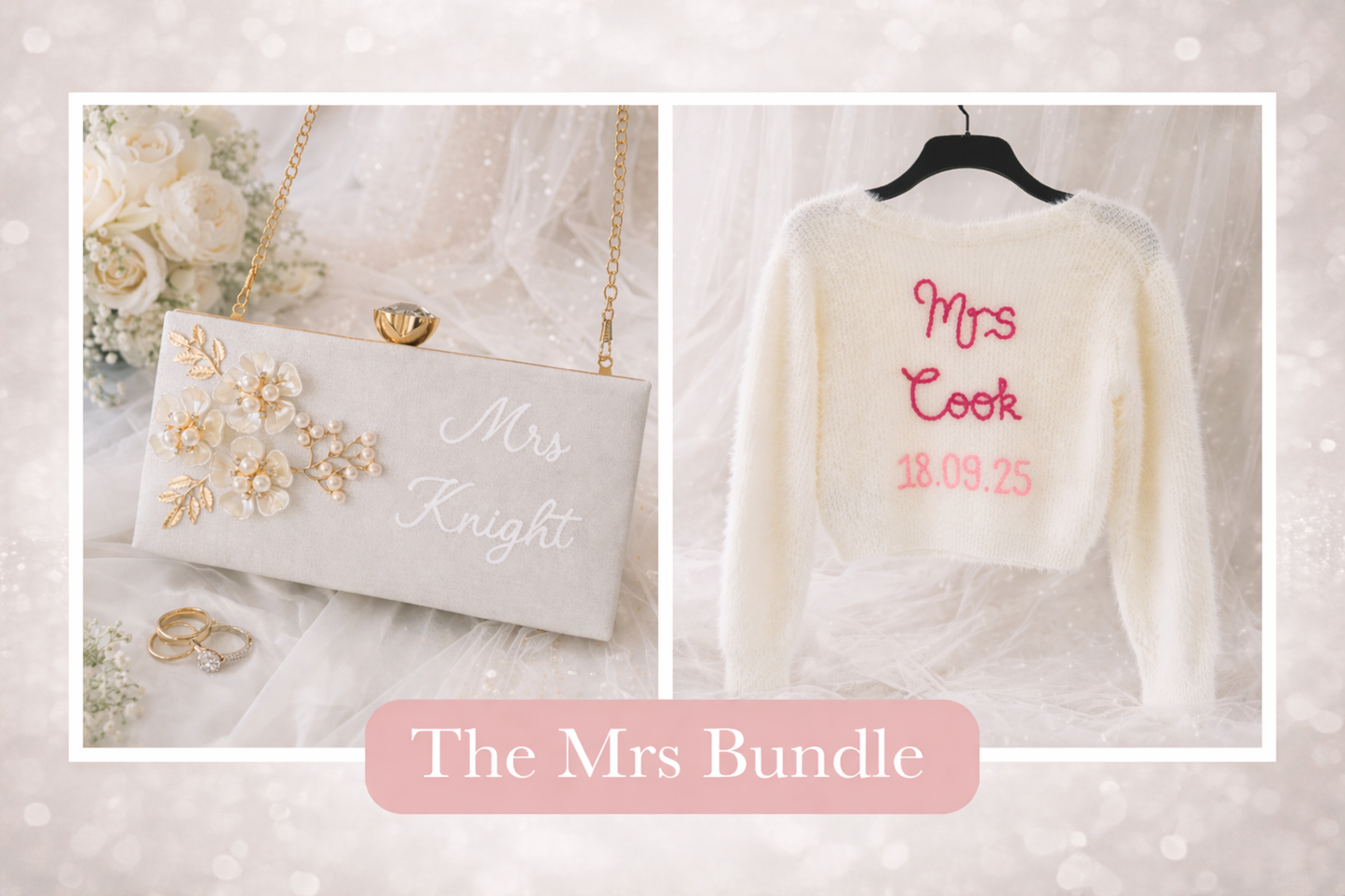 White clutch bag with 'Mrs Knight' embroidery and white sweater with 'Mrs Cook' embroidery on a light background.