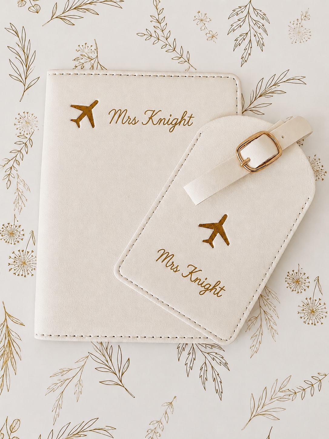 Beige travel set with 'Mrs Knight' branding on a decorative background