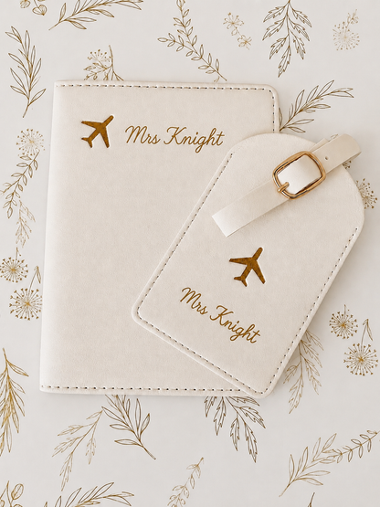 Beige travel set with 'Mrs Knight' branding on a decorative background