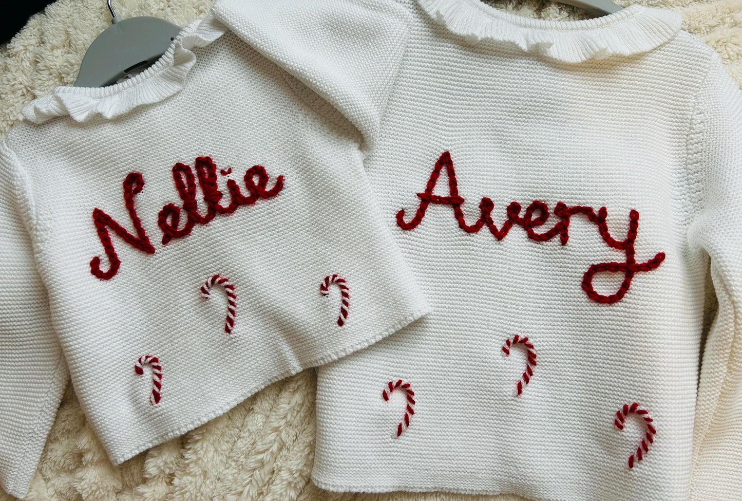 Personalised Hand-Embroidered Christmas Candy Cane Cardigan/Jumper