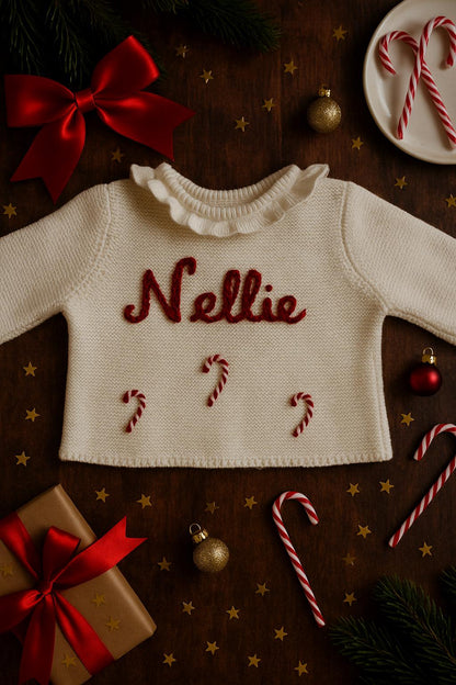 Personalised Hand-Embroidered Christmas Candy Cane Cardigan/Jumper