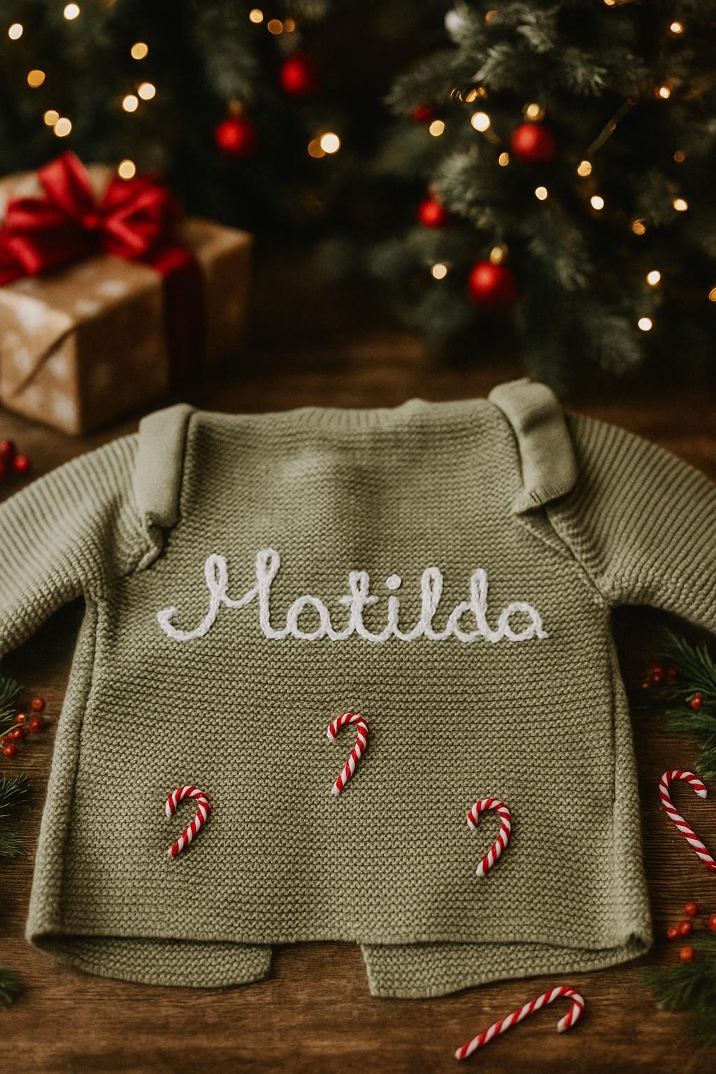 Personalised Hand-Embroidered Christmas Candy Cane Cardigan/Jumper