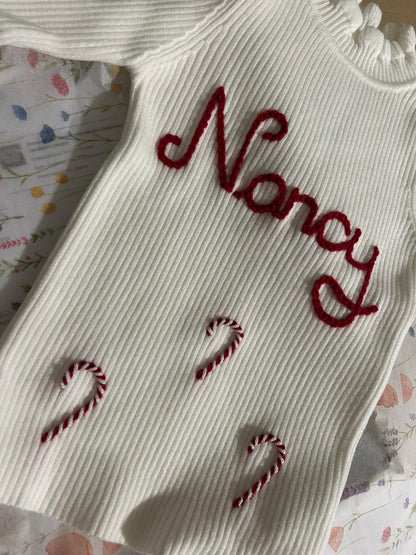 Personalised Hand-Embroidered Christmas Candy Cane Cardigan/Jumper