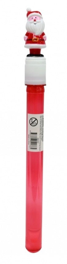 A red plastic novelty bubble tube with a white cap and a small Santa Claus figurine on top, shown against a plain white background.