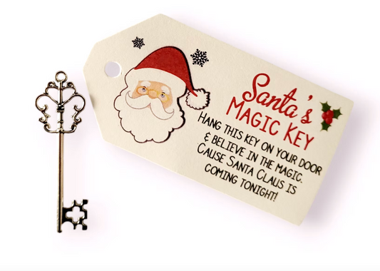 A Christmas-themed gift tag labeled 'Santa's Magic Key' with an illustration of Santa Claus, decorative snowflakes, and a small ornate key shown beside it on a white background.