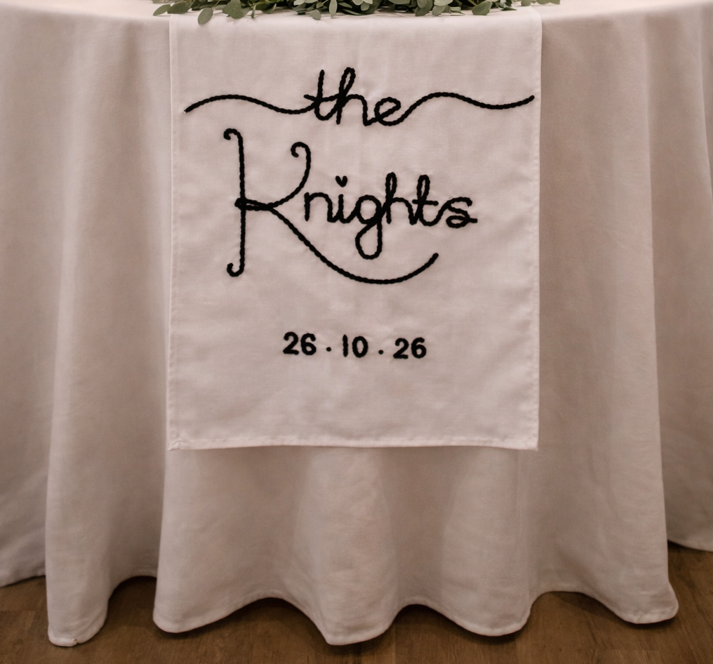 Hand-Embroidered Personalised Wedding Top Table Runner Keepsake