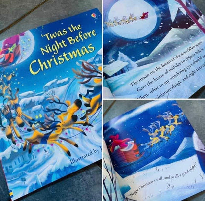 A collage showing pages from the children's book 'Twas the Night Before Christmas,' with the illustrated cover and interior spread views on a dark textured surface.